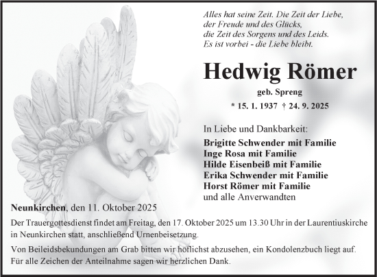 Traueranzeige von Hedwig Römer von Fränkische Nachrichten
