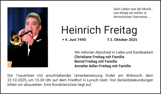 Traueranzeige von Heinrich Freitag von Bergsträßer Anzeiger