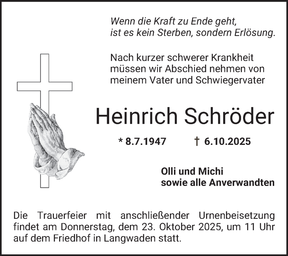  Traueranzeige für Heinrich Schröder vom 18.10.2025 aus Bergsträßer Anzeiger