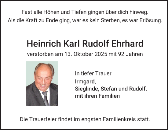 Traueranzeige von Heinrich Karl Rudolf Ehrhard von Mannheimer Morgen