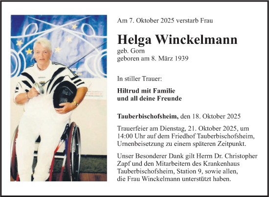 Traueranzeige von Helga Winckelmann von Fränkische Nachrichten