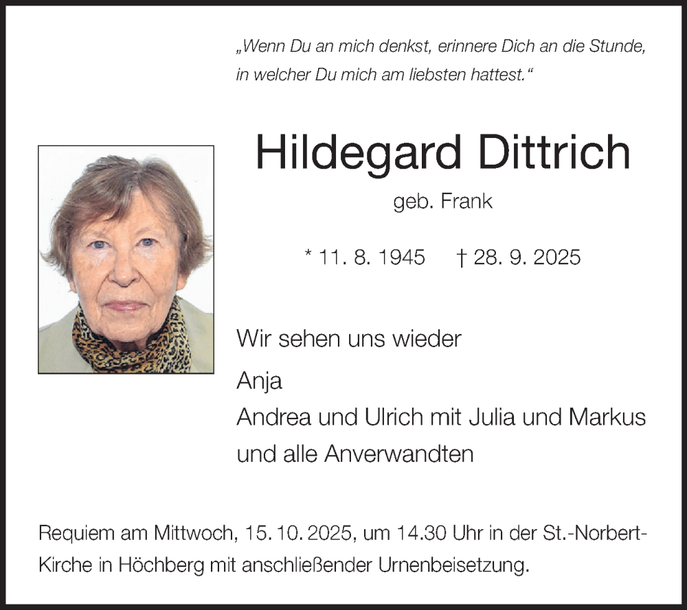  Traueranzeige für Hildegard Dittrich vom 11.10.2025 aus Fränkische Nachrichten