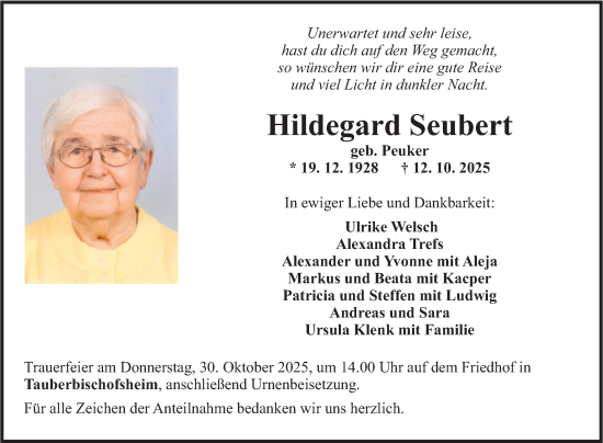 Traueranzeige von Hildegard Seubert von Fränkische Nachrichten