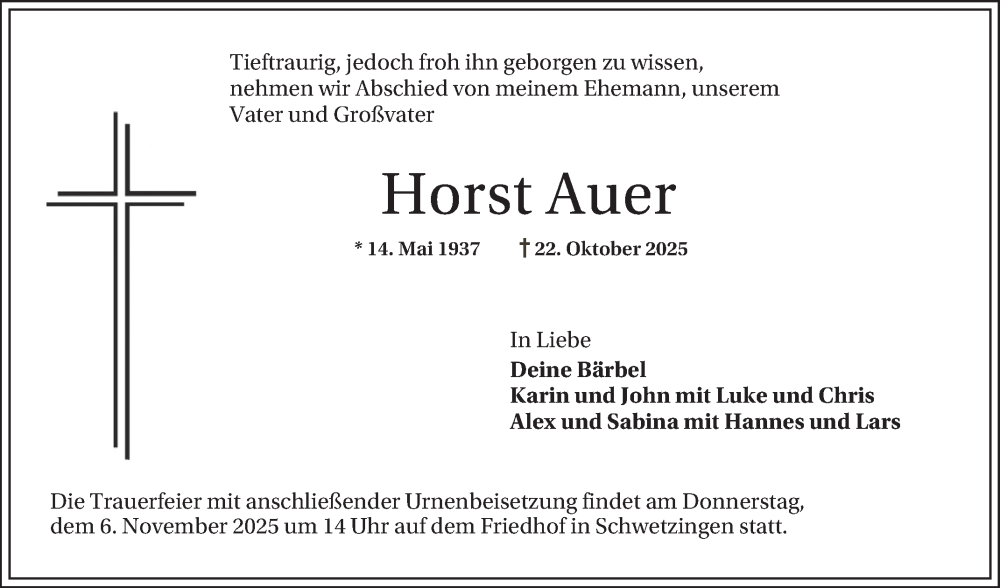  Traueranzeige für Horst Auer vom 31.10.2025 aus Schwetzinger Zeitung
