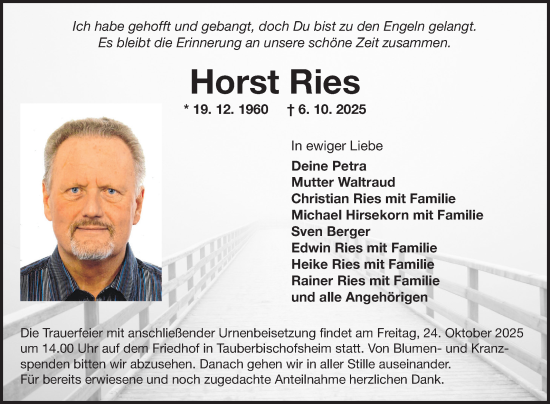 Traueranzeige von Horst Ries von Fränkische Nachrichten
