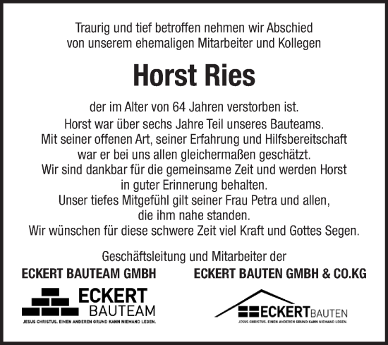 Traueranzeige von Horst Ries von Fränkische Nachrichten