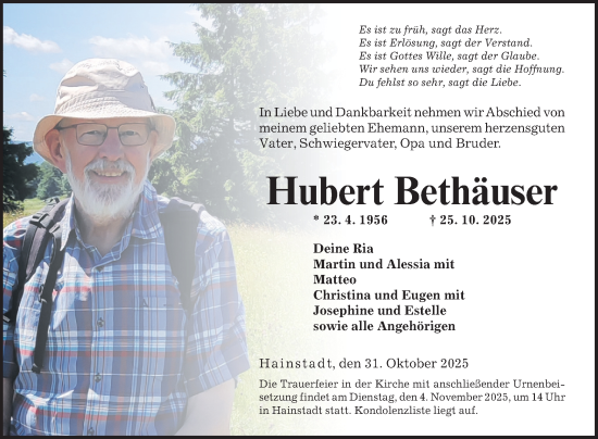 Traueranzeige von Hubert Bethäuser von Fränkische Nachrichten