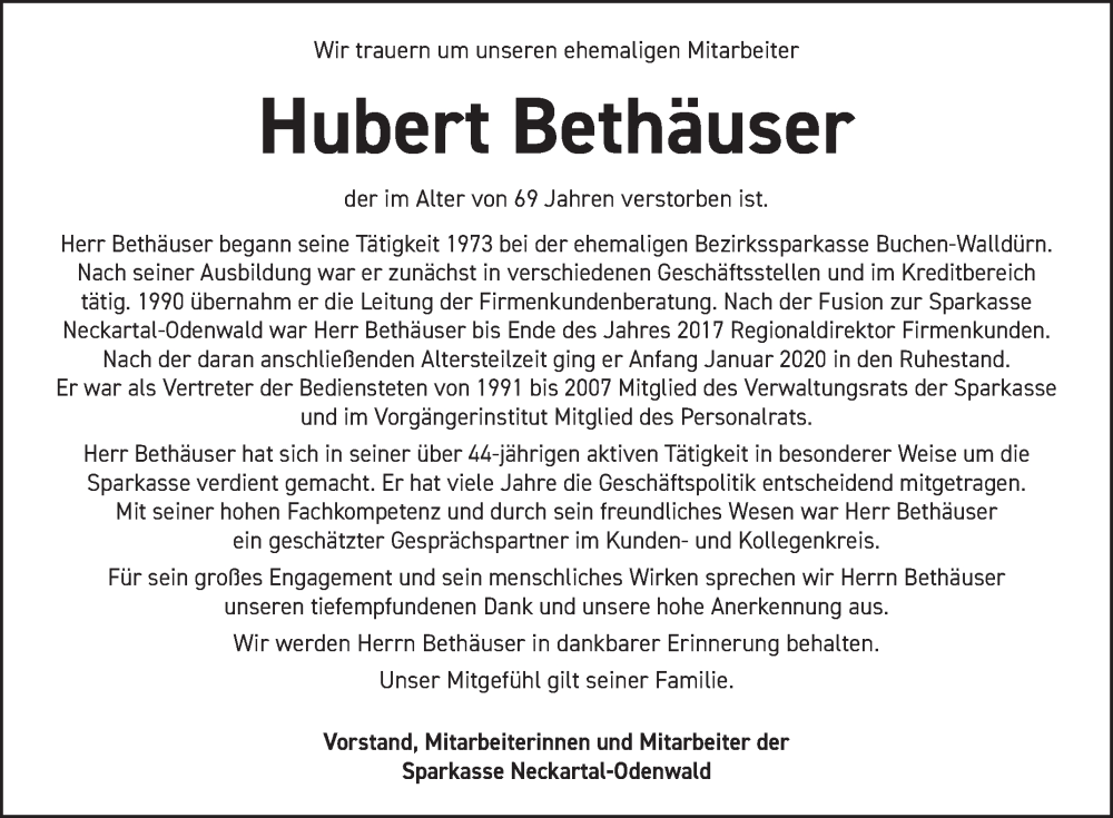  Traueranzeige für Hubert Bethäuser vom 31.10.2025 aus Fränkische Nachrichten
