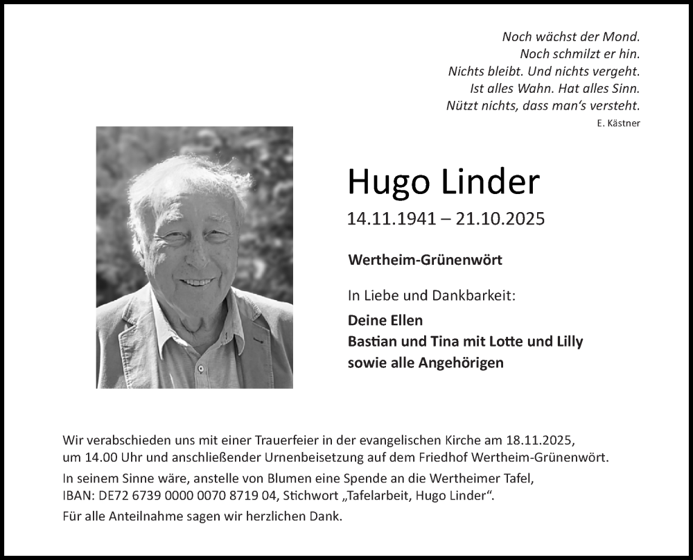  Traueranzeige für Hugo Linder vom 31.10.2025 aus Fränkische Nachrichten