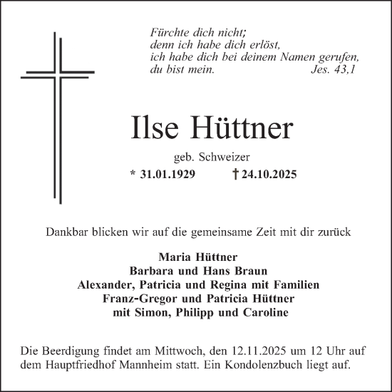 Traueranzeige von Ilse Hüttner von Mannheimer Morgen
