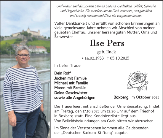 Traueranzeige von Ilse Pers von Fränkische Nachrichten