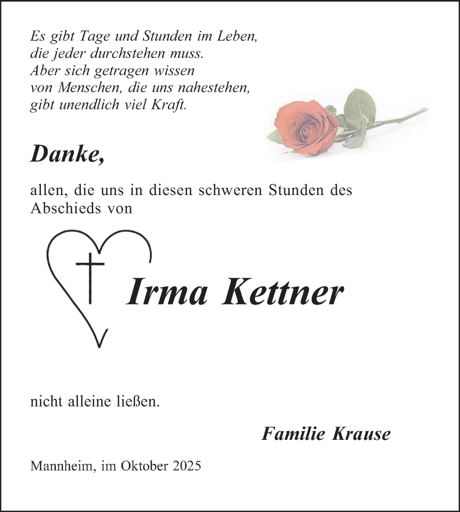  Traueranzeige für Irma Kettner vom 31.10.2025 aus Mannheimer Morgen