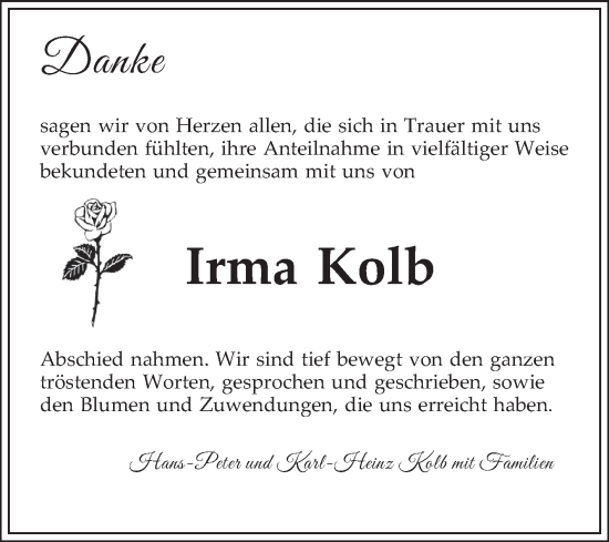 Traueranzeige von Irma Kolb von Schwetzinger Zeitung