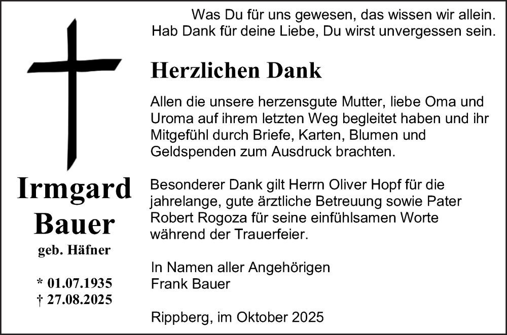  Traueranzeige für Irmgard Bauer vom 04.10.2025 aus Fränkische Nachrichten