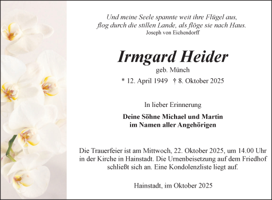 Traueranzeige von Irmgard Heider von Fränkische Nachrichten