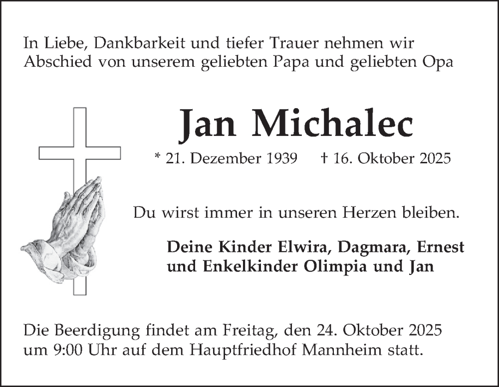  Traueranzeige für Jan Michalec vom 18.10.2025 aus Mannheimer Morgen