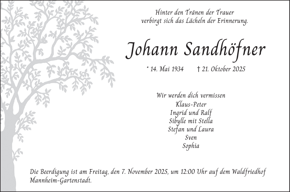  Traueranzeige für Johann Sandhöfner vom 31.10.2025 aus Mannheimer Morgen