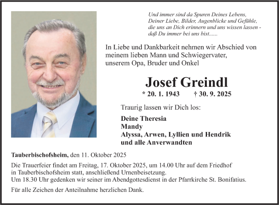 Traueranzeige von Josef Greindl von Fränkische Nachrichten