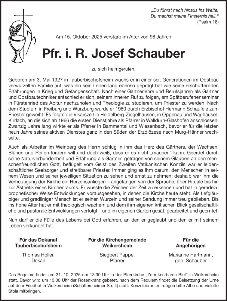  Traueranzeige für Josef Schauber vom 25.10.2025 aus Fränkische Nachrichten