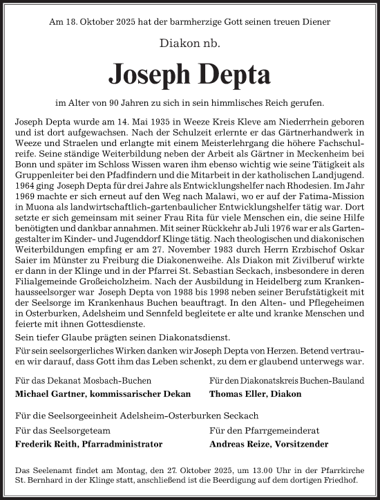Traueranzeige von Joseph Depta von Fränkische Nachrichten
