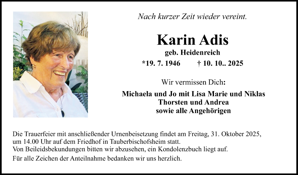 Traueranzeige für Karin Adis vom 25.10.2025 aus Fränkische Nachrichten