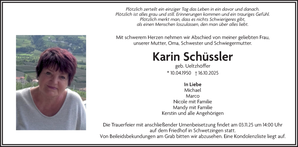  Traueranzeige für Karin Schüssler vom 25.10.2025 aus Schwetzinger Zeitung