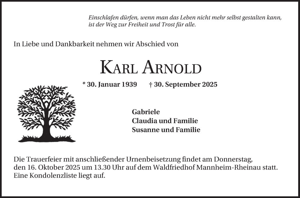  Traueranzeige für Karl Arnold vom 11.10.2025 aus Mannheimer Morgen