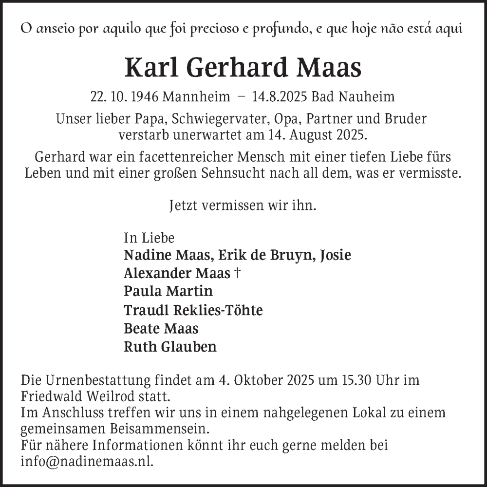  Traueranzeige für Karl Gerhard Maas vom 04.10.2025 aus Mannheimer Morgen