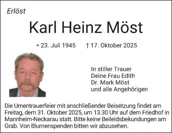 Traueranzeige von Karl Heinz Möst von Mannheimer Morgen