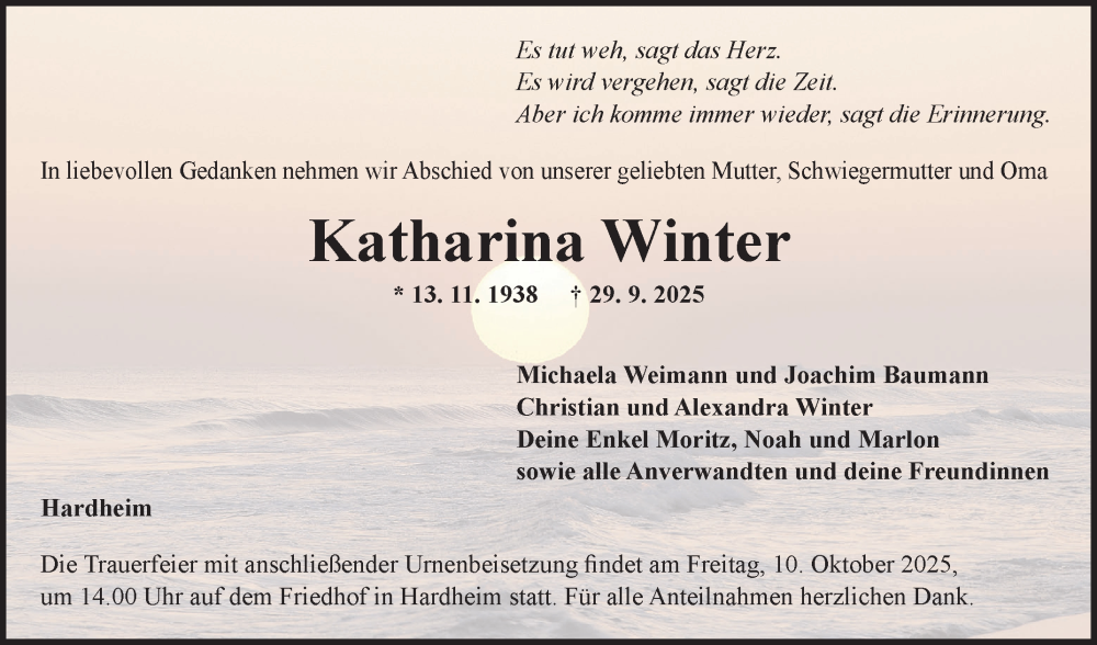  Traueranzeige für Katharina Winter vom 07.10.2025 aus Fränkische Nachrichten
