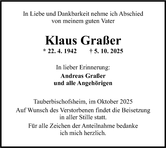 Traueranzeige von Klaus Graßer von Fränkische Nachrichten