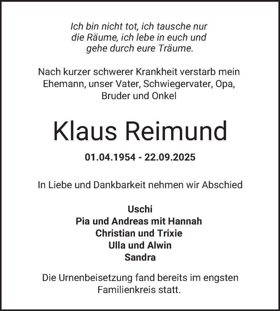  Traueranzeige für Klaus Reimund vom 25.10.2025 aus Bergsträßer Anzeiger