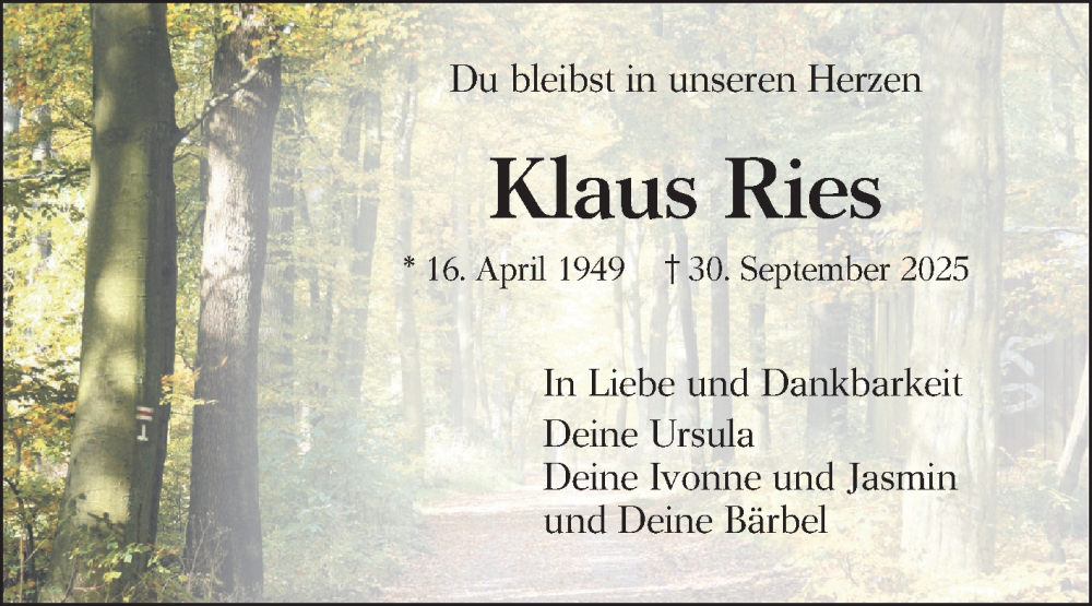  Traueranzeige für Klaus Ries vom 11.10.2025 aus Schwetzinger Zeitung