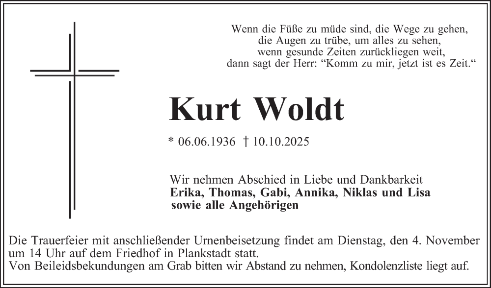  Traueranzeige für Kurt Woldt vom 31.10.2025 aus Schwetzinger Zeitung