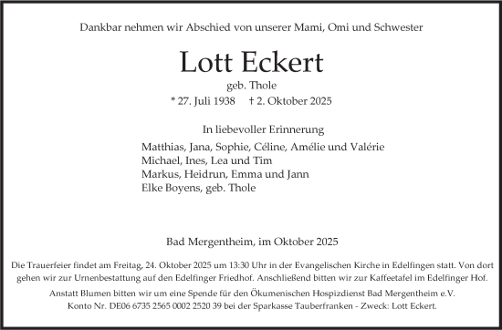 Traueranzeige von Lott Eckert von Fränkische Nachrichten