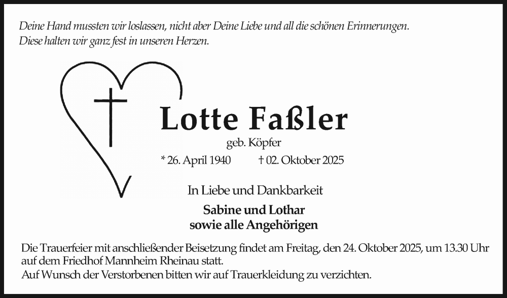  Traueranzeige für Lotte Faßler vom 18.10.2025 aus Mannheimer Morgen