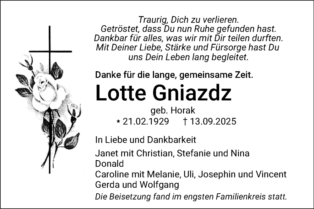  Traueranzeige für Lotte Gniazdz vom 11.10.2025 aus Mannheimer Morgen
