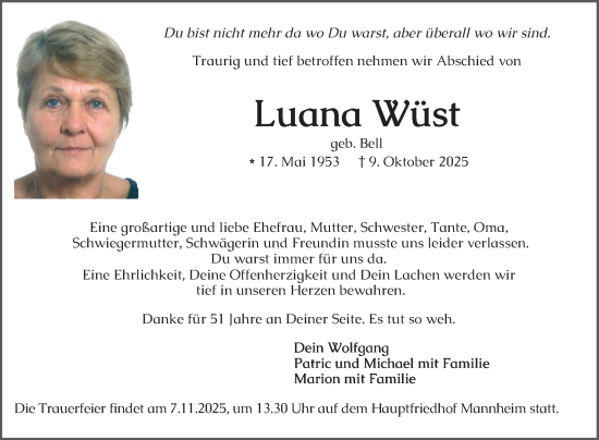 Traueranzeige von Luana Wüst von Mannheimer Morgen