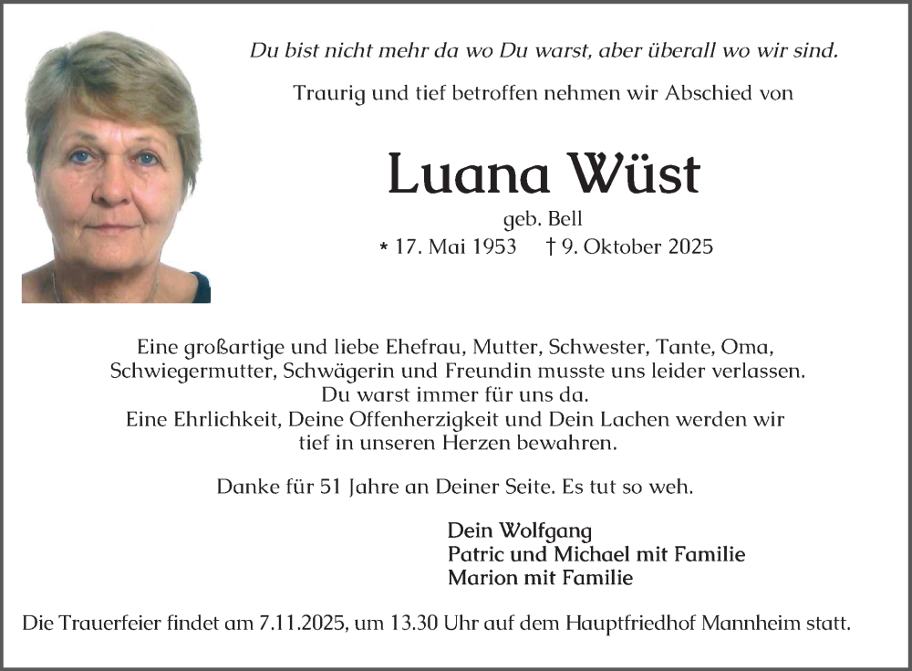  Traueranzeige für Luana Wüst vom 31.10.2025 aus Mannheimer Morgen