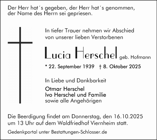 Traueranzeige von Lucia Herschel von Mannheimer Morgen