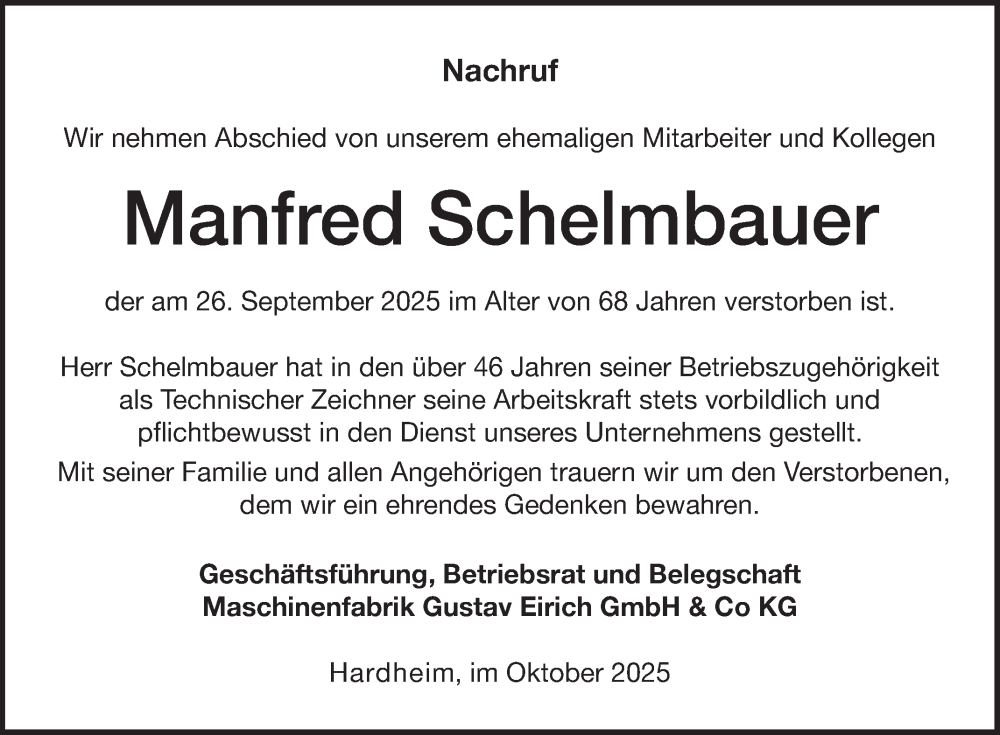  Traueranzeige für Manfred Schelmbauer vom 04.10.2025 aus Fränkische Nachrichten