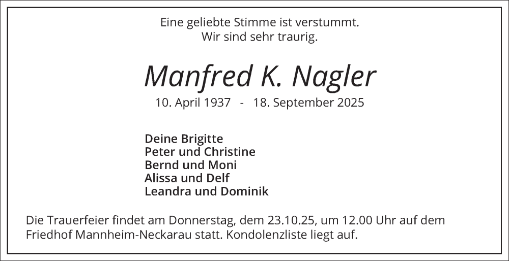  Traueranzeige für Manfred K. Nagler vom 18.10.2025 aus Mannheimer Morgen