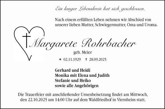 Traueranzeige von Margarete Rohrbacher von Mannheimer Morgen