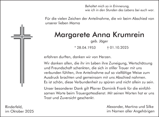 Traueranzeige von Margarete Anna Krumrein von Fränkische Nachrichten