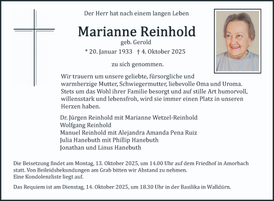 Traueranzeige von Marianne Reinhold von Fränkische Nachrichten