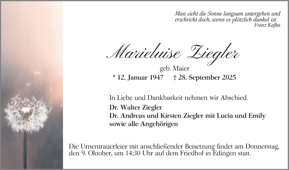  Traueranzeige für Marieluise Ziegler vom 04.10.2025 aus Mannheimer Morgen