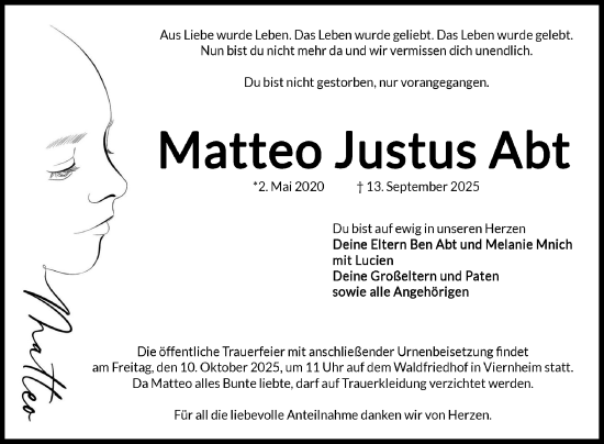 Traueranzeige von Matteo Justus Abt von Mannheimer Morgen