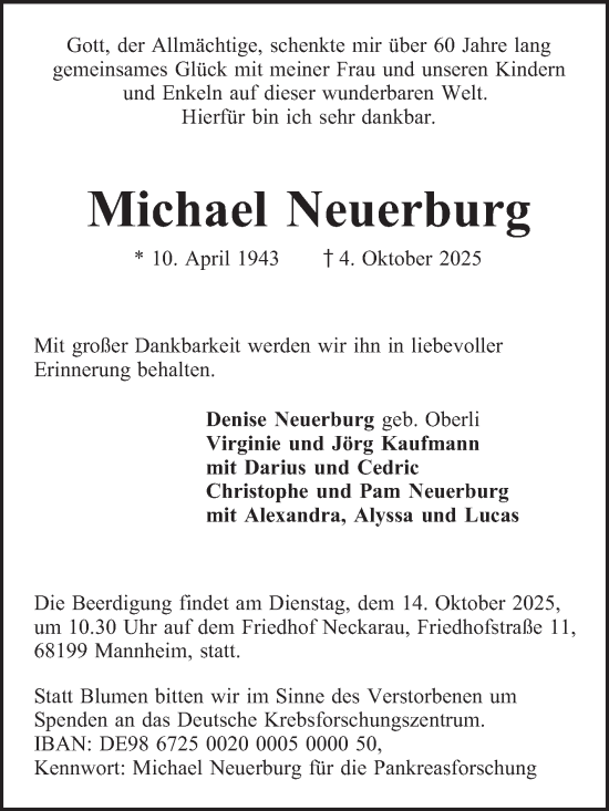 Traueranzeige von Michael Neuerburg von Mannheimer Morgen