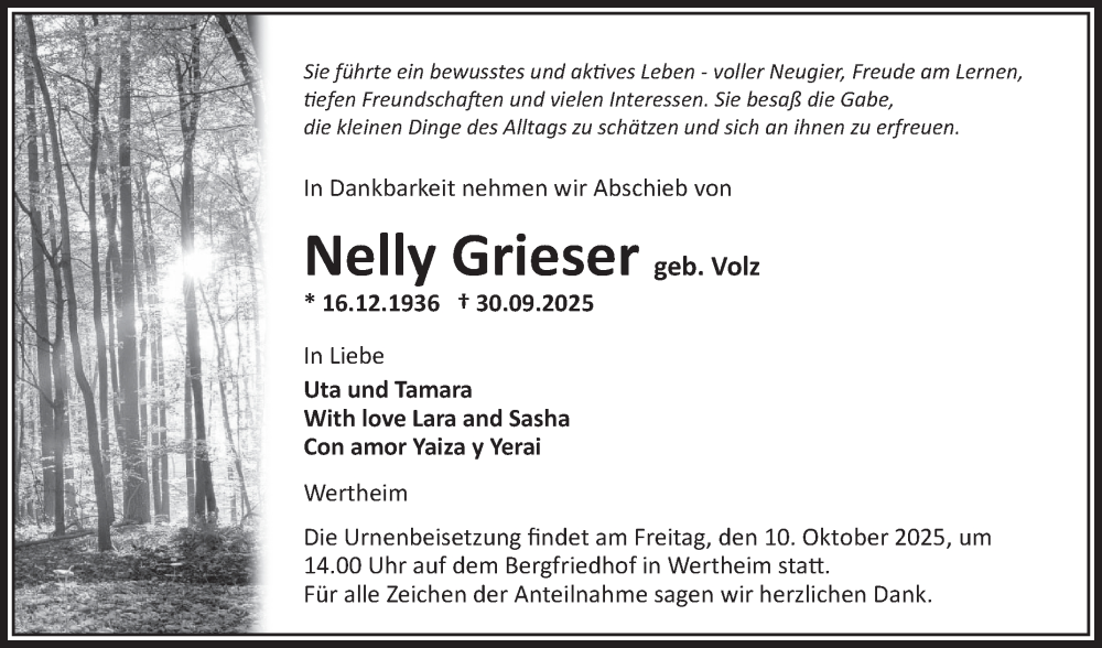  Traueranzeige für Nelly Grieser vom 04.10.2025 aus Fränkische Nachrichten
