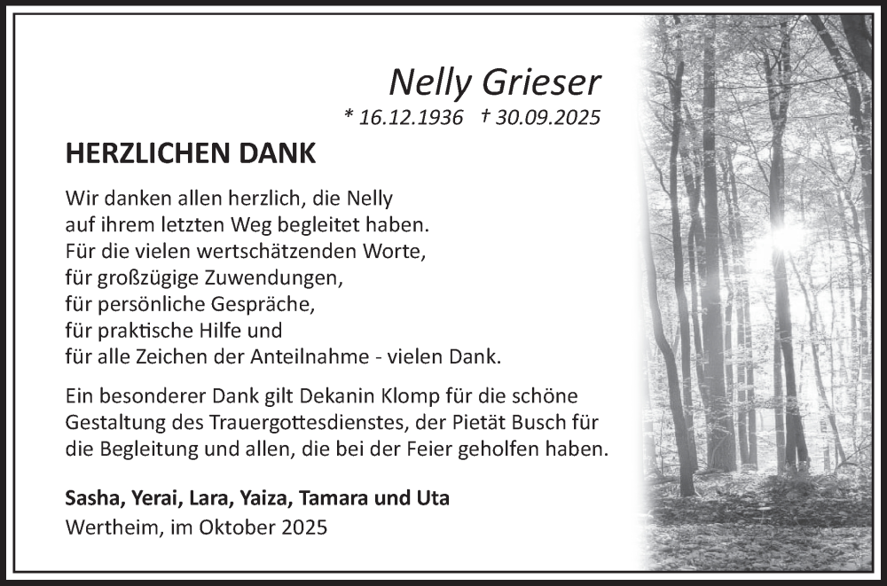  Traueranzeige für Nelly Grieser vom 18.10.2025 aus Fränkische Nachrichten
